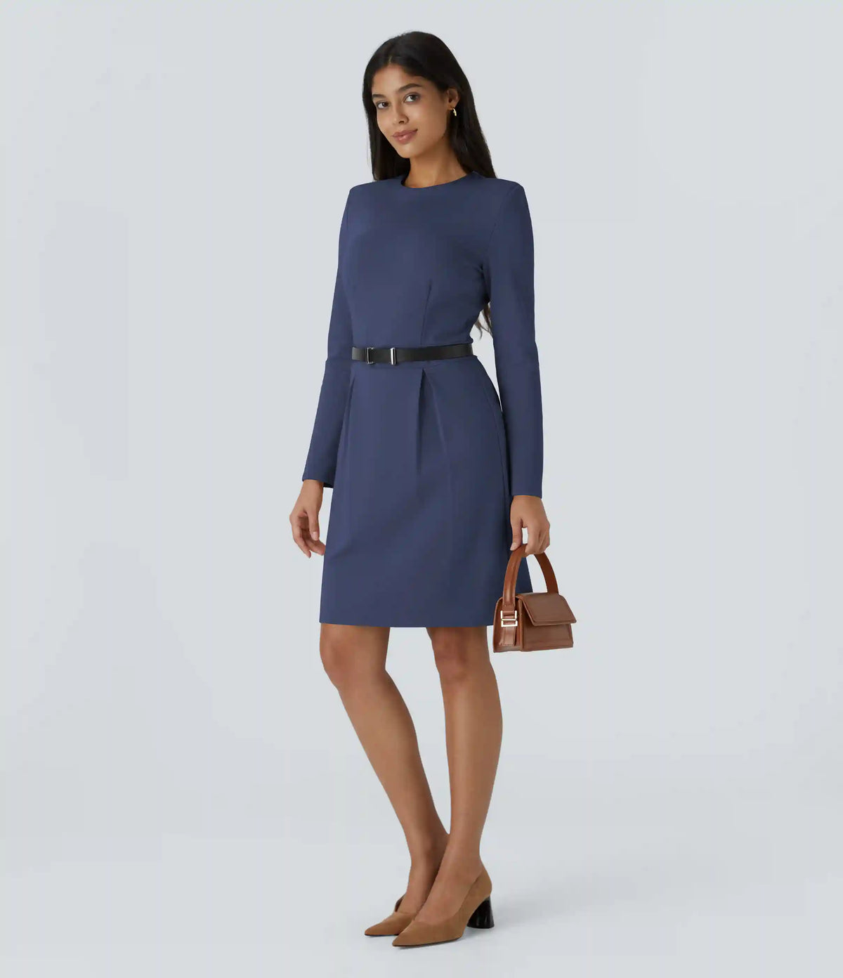 Round Neck Shoulder Pad Long Sleeve Hem Slim Mini Work Dress