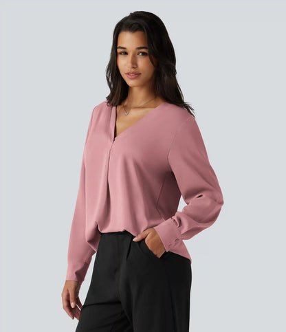 Wrinkle Recovery V Neck Long Sleeve Work Blouse
