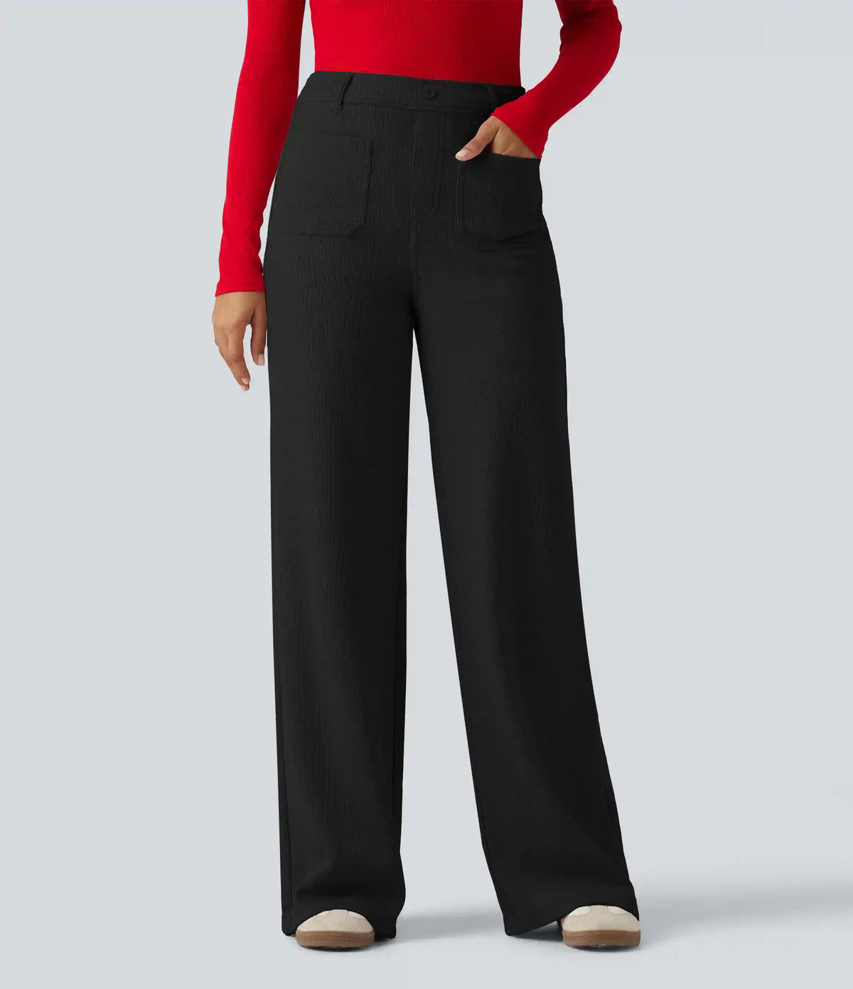 Ribbed High Waisted Tummy Control Wide Leg Casual Pants with Front Pockets