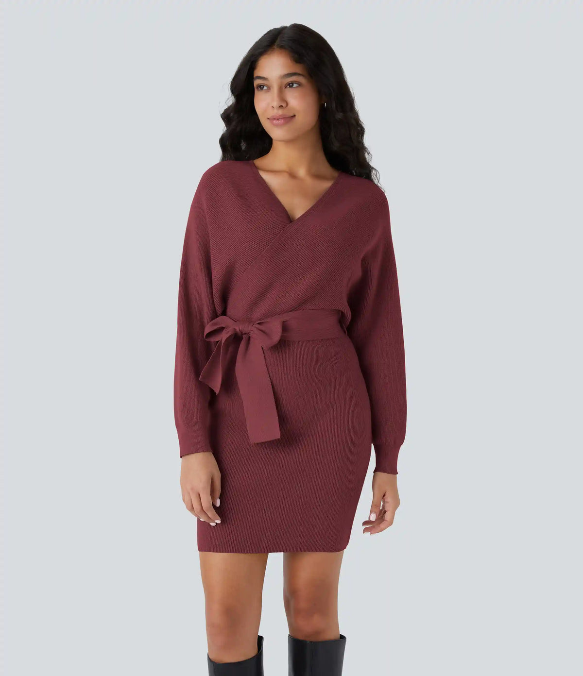 Crossover V Neck Batwing Long Sleeve Belted Mini Casual Sweater Dress