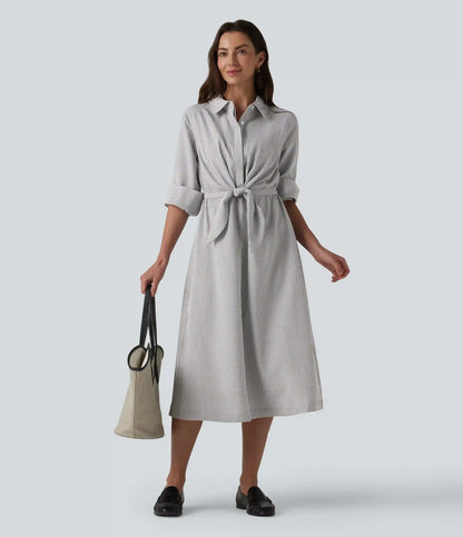 Collar Long Sleeve Tie-front Stripes Midi Work Shirt Dress