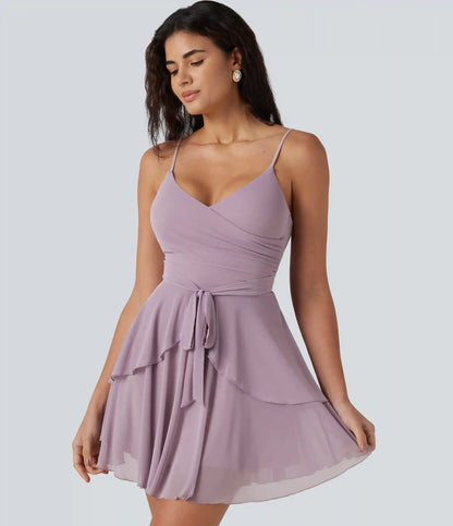 V-neck Tie Mesh Tiered Hem Built-in Bra Mini Bridesmaid And Wedding Guest Slip Dress