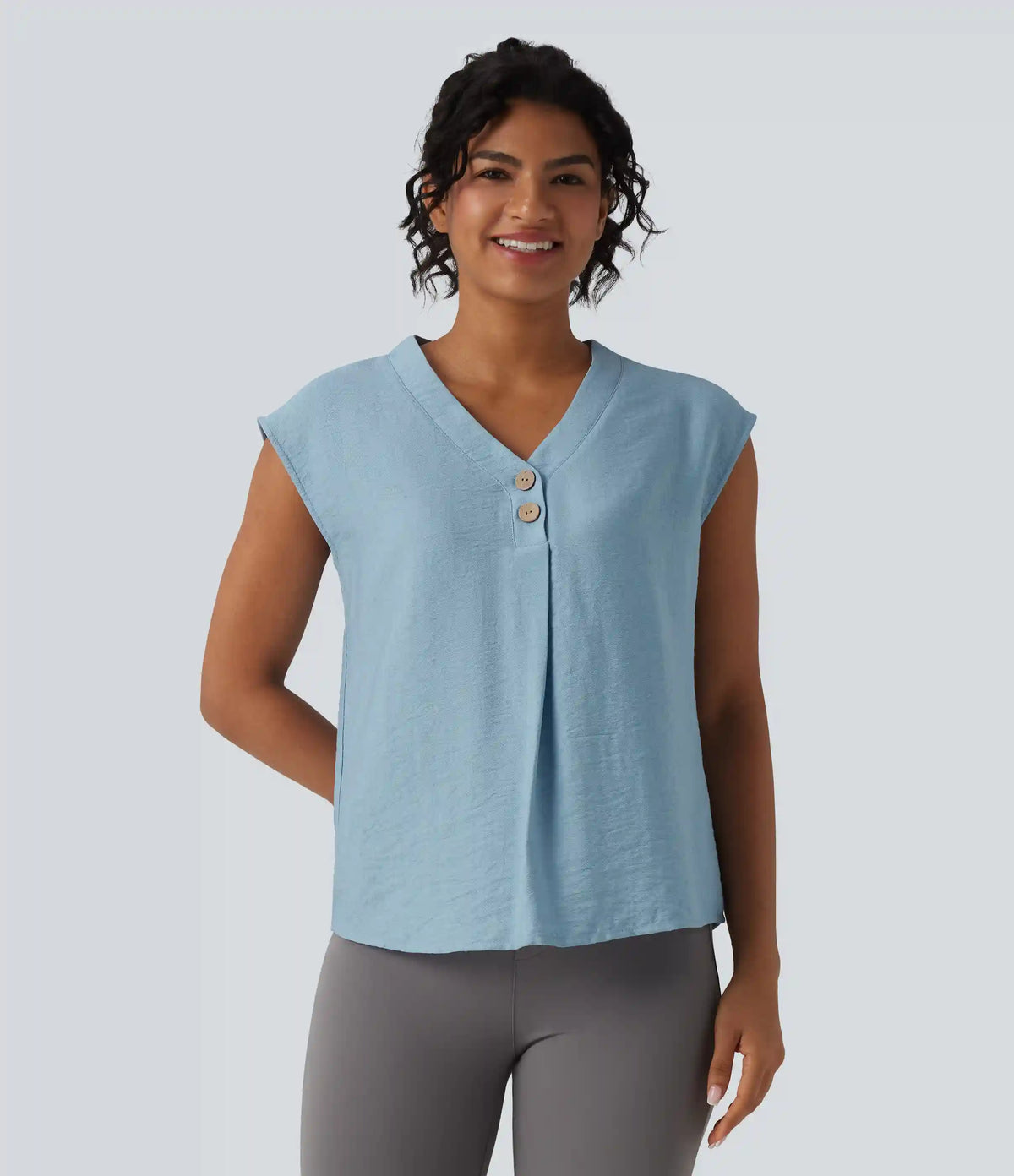 V Neck Cap Sleeve Decorative Work Blouse