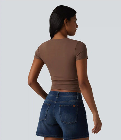 Halara Cotton Jersey Round Neck Short Sleeve Ruched Built-in Bra Casual T-Shirt