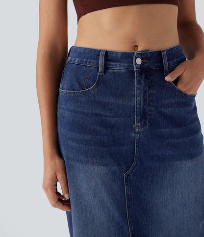 Halara Flex™ Mid Rise Pockets Straight Maxi Washed Denim Casual Skirt