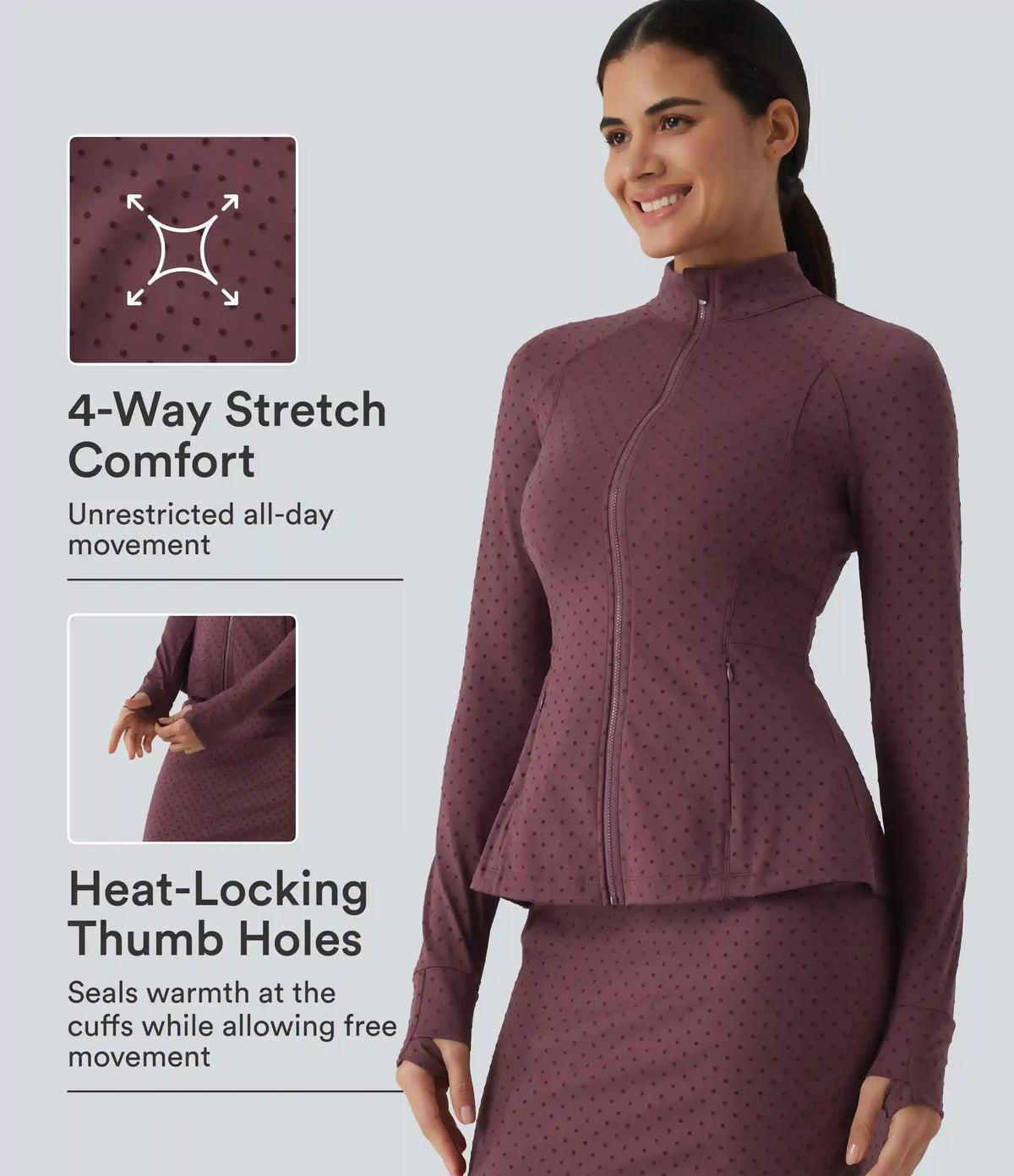 Stand Collar Long Sleeve Thumb Hole Polka Dot Yoga Jacket with Pockets