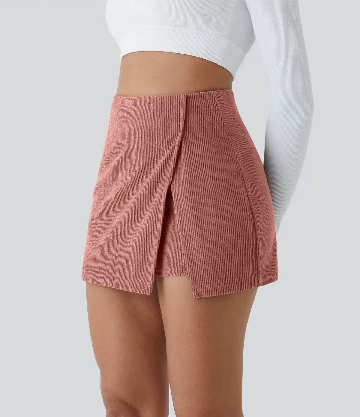 High Waisted Back Zipper Split Hem 2-in-1 Corduroy Casual Skirt