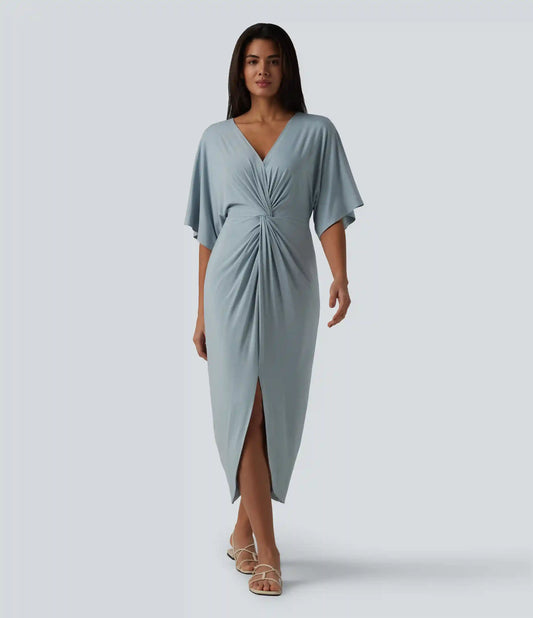 V-neck Batwing Sleeve Twisted Tulip Hem Midi Casual Dress