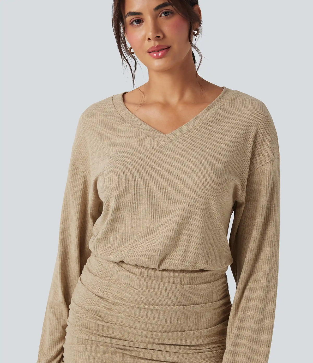 Ribbed Knit V-neck Long Sleeve Ruched Bodycon Mini Casual Dress