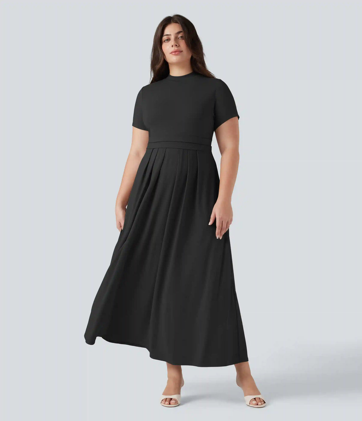 Plus Size Stand Collar Short Sleeve Flare Maxi Casual Dress with Pockets