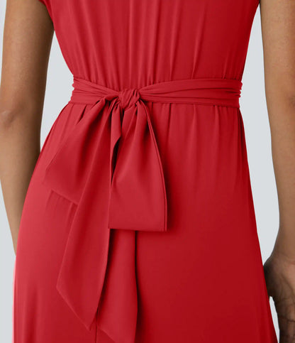 Breezeful™ V Neck Short Sleeve Pocket Tie Back Quick Dry Midi Casual Dress-Longer Length