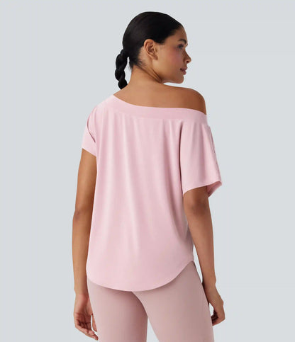 One Shoulder Short Sleeve Curved Hem High Low Quick Dry Yoga Sports Top