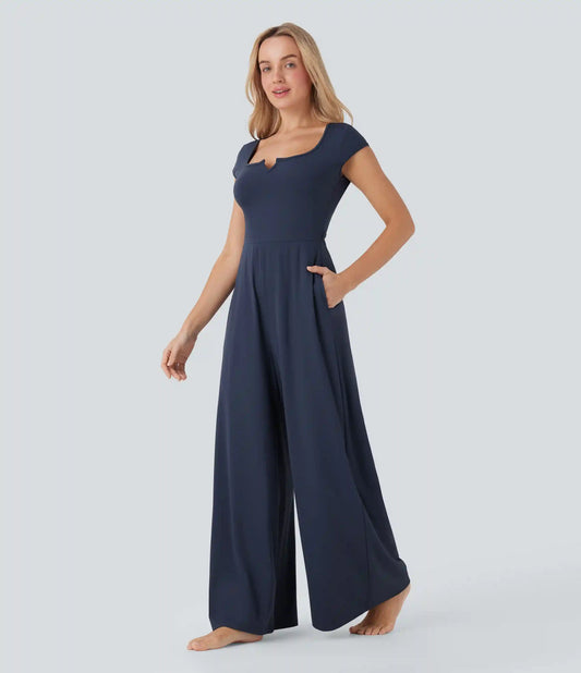 SoftlyZero™ Airy Short Sleeve Wide Leg InstantCool Yoga Jumpsuit with Pockets-Easy Peezy Edition
