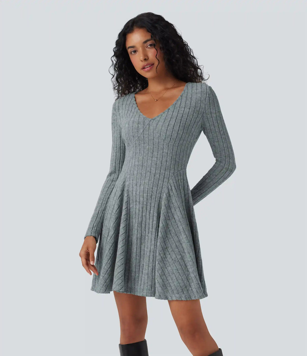 Ribbed Knit V Neck Long Sleeve Flare Mini Casual Dress