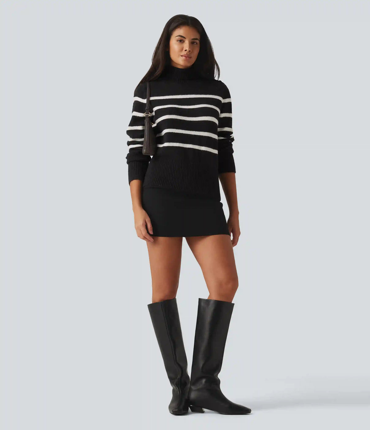 High Neck Long Sleeve Stripe Work Sweater
