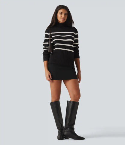 High Neck Long Sleeve Stripe Work Sweater