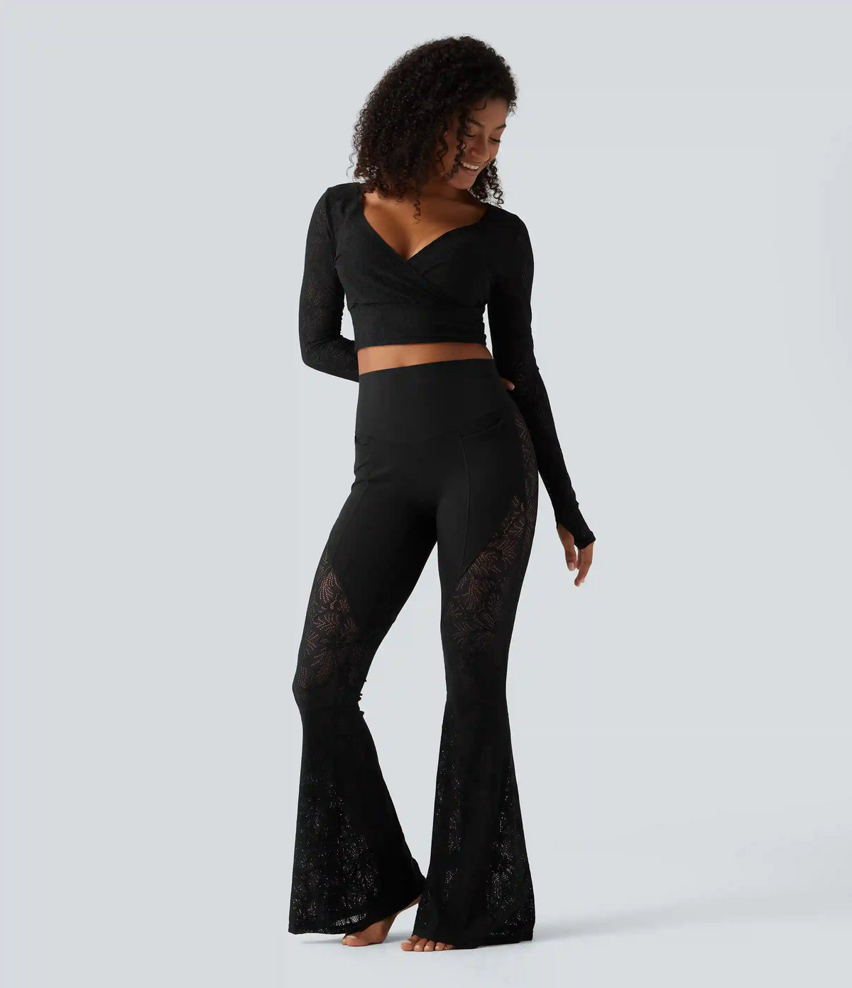Softlyzero™ Deep V Neck Long Sleeve Contrast Lace Yoga Sports Top