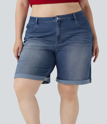Halara Flex™ High Waisted Multiple Pockets Rolled Hem Washed Stretchy Knit Denim Casual Plus Size Bermuda Shorts