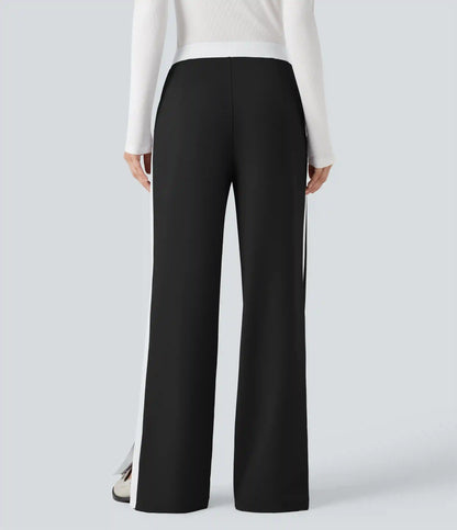 Mid Rise Color Block Split Work Straight Leg Pants with Pockets