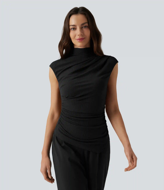 Ribbed Knit Mock Neck Ruched Asymmetric Hem Casual Tank Top