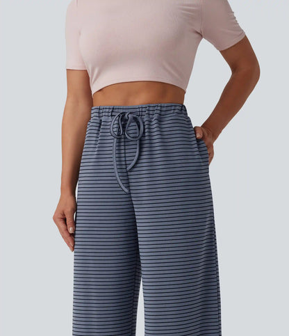 High Waisted Drawstring Stripes Casual Baggy Pants with Pockets
