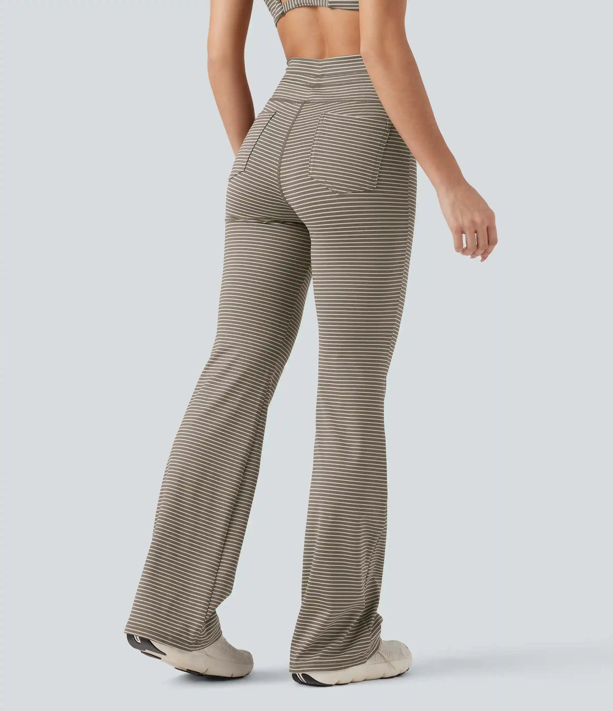 High Waisted Drawstring Stripe Flare Yoga Pants with Pockets
