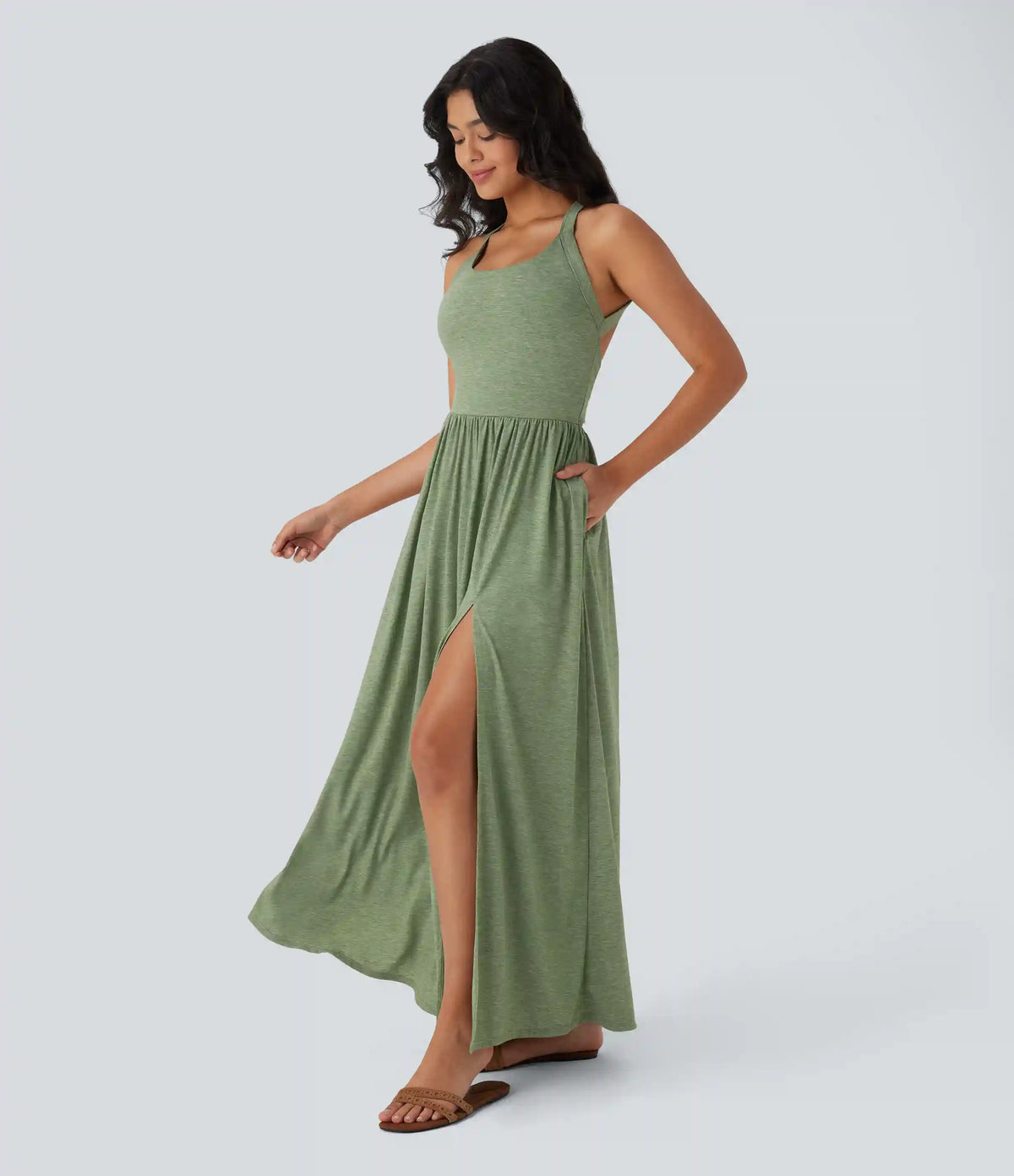 Twisted Backless Split Flowy Maxi Resort Dress with Pockets