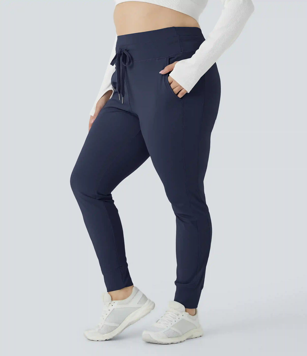 SoftlyZero™ Plush High Waisted Drawstring Pocket Plain Full Length Plus Size Joggers