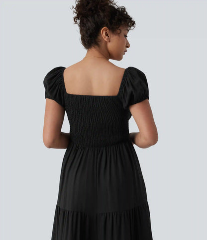 Queen Anne Neck Puff Sleeve Shirred Midi Casual Tiered Dress with Pockets