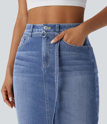 Halara Flex™ Mid Rise Zipper Pockets Washed Denim Midi Casual Skirt