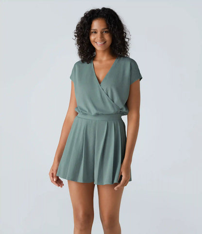 V Neck Short Sleeve Pocket Waffle Casual Romper