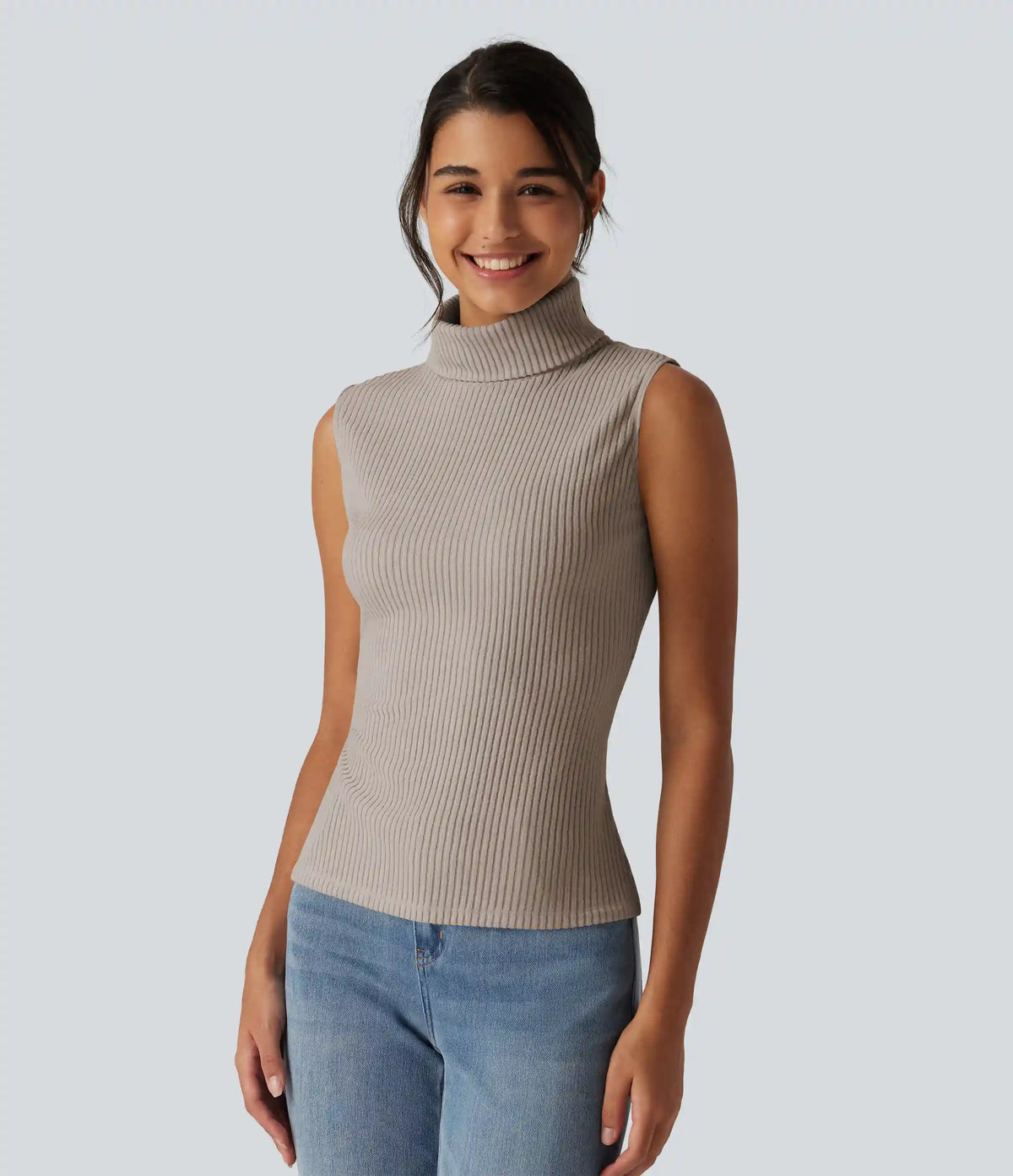 Ribbed Knit High Neck Casual Tank Top