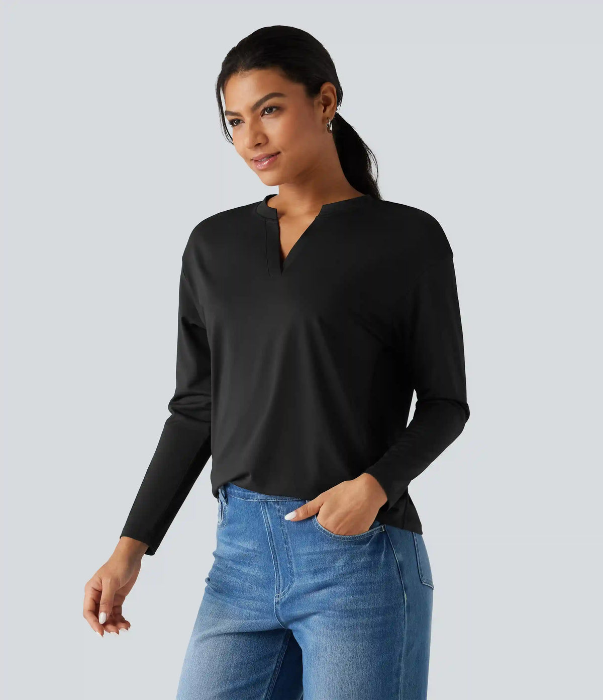 Notched Collar Dropped Shoulder Long Sleeve Casual T-Shirt
