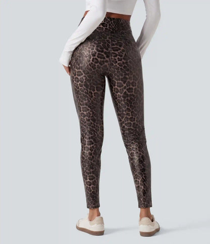 High Waisted Tummy Control Stretchy PU Leopard Print Skinny Casual Leggings with Pockets
