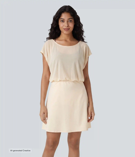SoftlyZero™ Plush Boat Neck Short Sleeve 2-in-1 Mini Yoga Active Dress with Pockets-Easy Peezy Edition