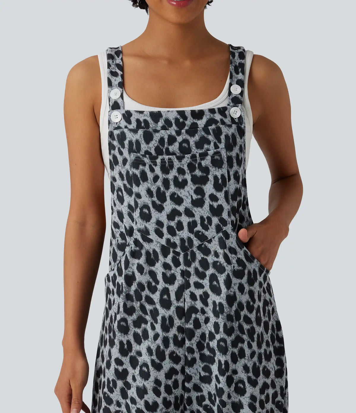 Adjustable Straps Leopard Print Waffle Casual Jogger Overalls with Pockets