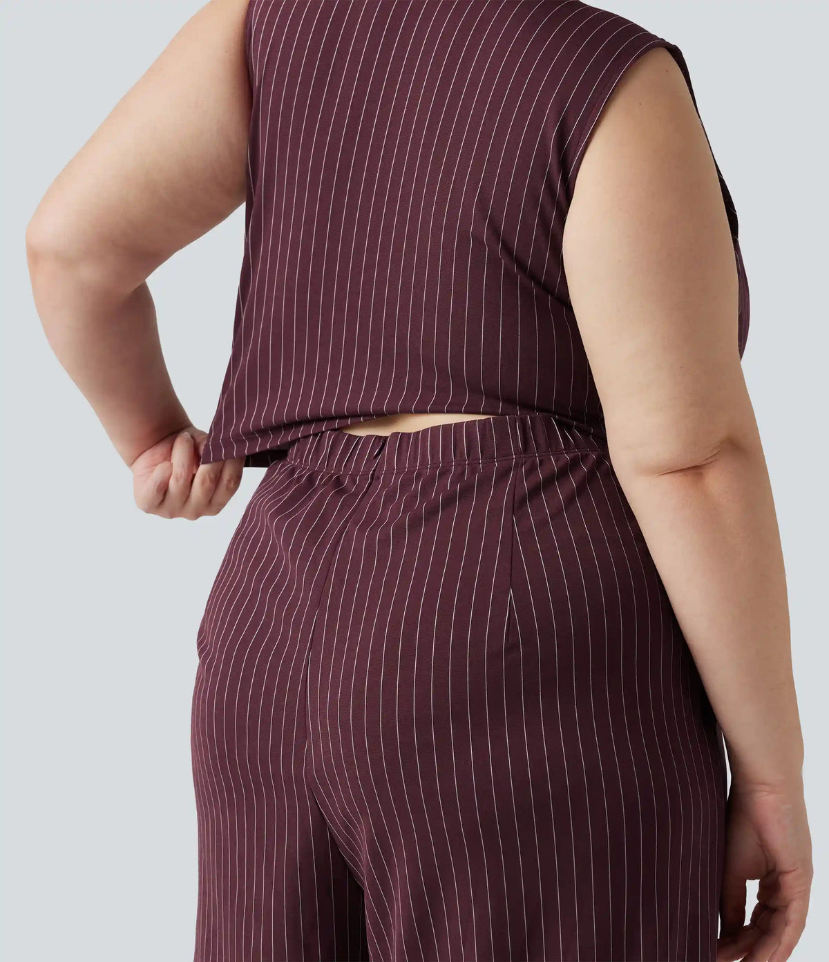 Plus Size Deep V Neck Built-in Bra Sleeveless Ruched Cool Touch Stripe Work Jumpsuit with Pockets-Easy Peezy Edition