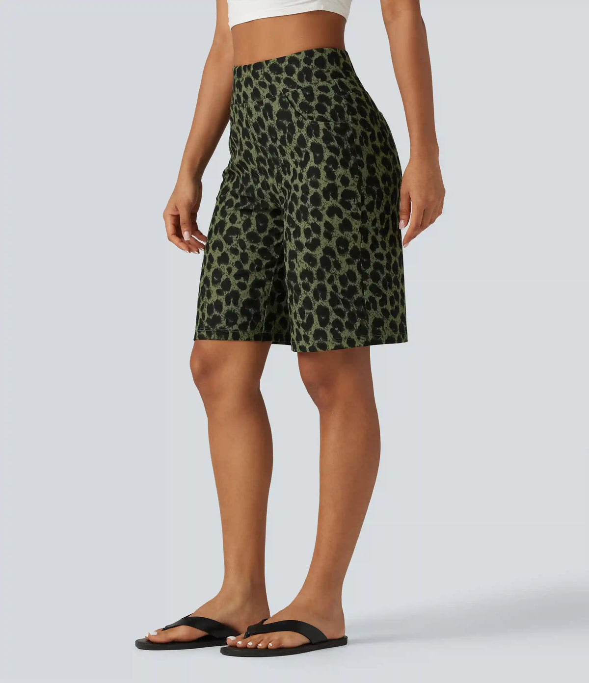 High Waisted Leopard Waffle Casual Baggy Bermuda Shorts 10'' with Pockets