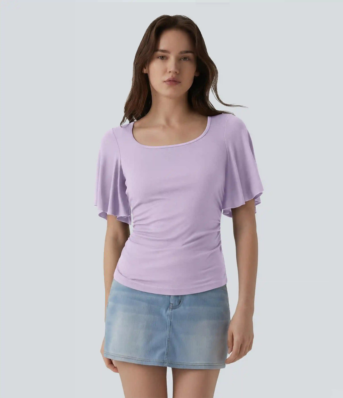 Ribbed Square Neck Butterfly Sleeve Ruched Casual T-Shirt
