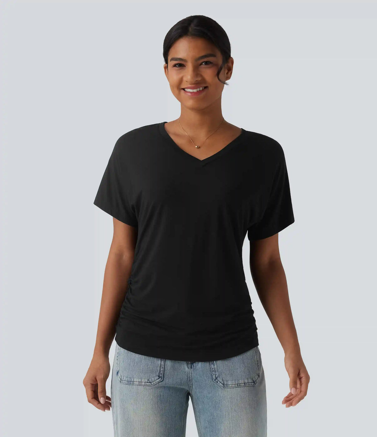 V-neck Short Sleeve Ruched Plain Casual T-Shirt