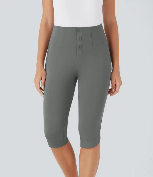 High Waisted Decorative Pocket Crossover Hem Skinny Casual Pedal Pusher Pants