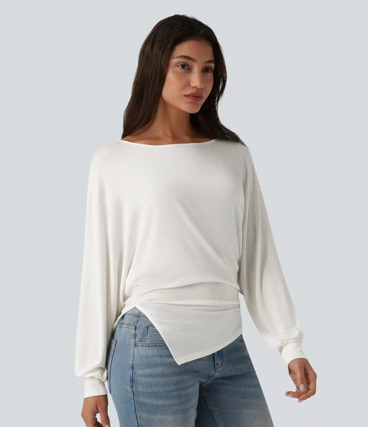 Ribbed Knit Boat Neck Batwing Long Sleeve Split Ruched Hem Casual Top