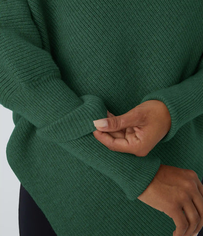 High Neck Long Sleeve Asymmetric Hem Work Sweater