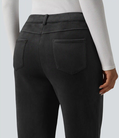 Mid Rise Fleece Corduroy Casual Straight Leg Pants with Pockets