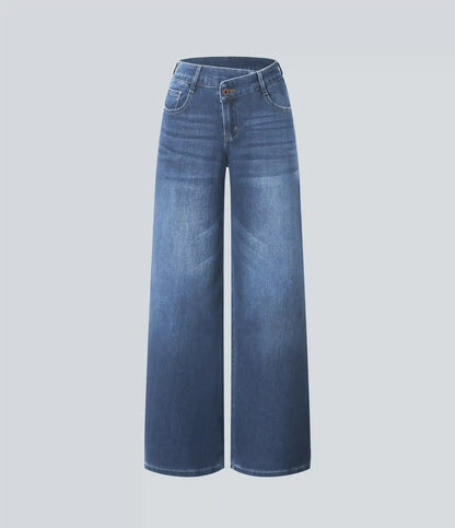 Halara Flex™ Asymmetric Low Rise Zipper Pockets Baggy Wide Leg Washed Casual Jeans