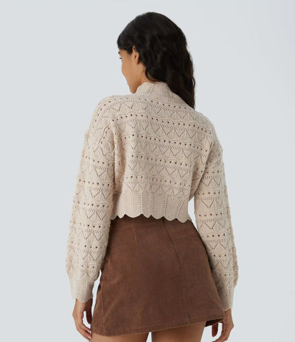 Mock Neck Bishop Sleeve Scallop Hem Open Knit Casual Sweater