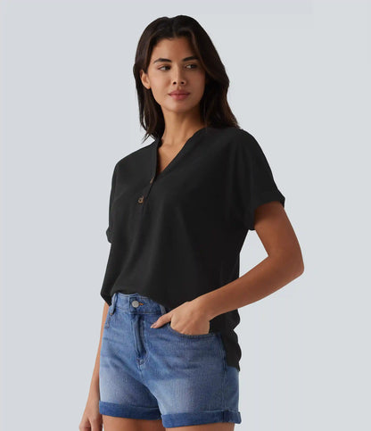 V-neck Button Batwing Sleeve Waffle Casual T-Shirt