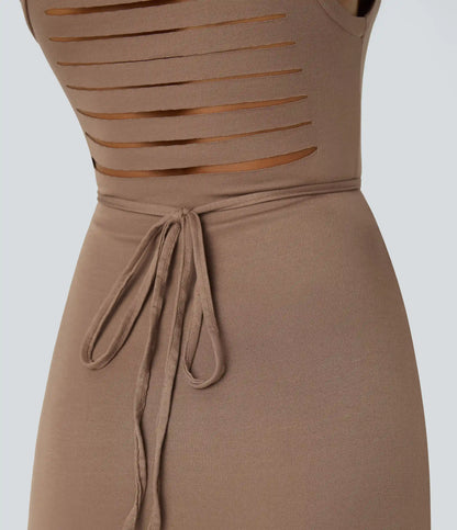 Ribbed Hooded High Neck Sleeveless Cut Out Tie Back 2-Piece Midi Casual Dress