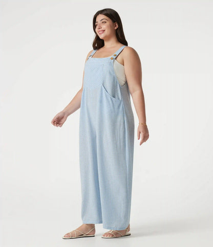 Plus Size Plaid Casual Linen-Feel Overalls with Pockets