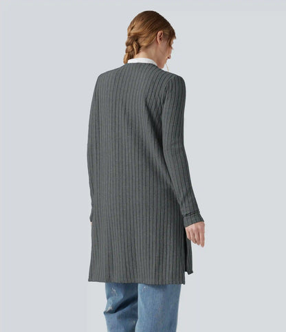 Ribbed Knit Long Sleeve Split Casual Cardigan